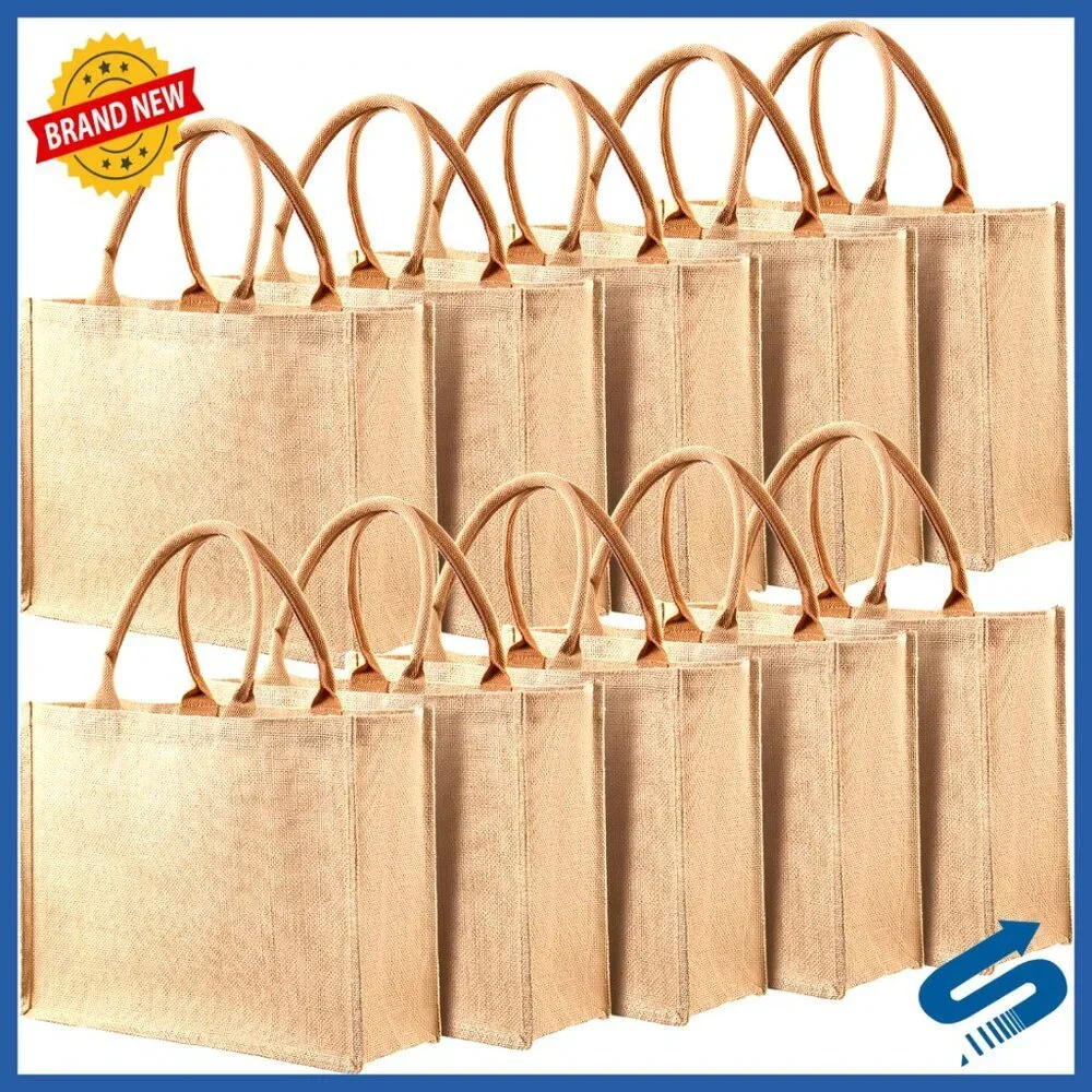 Reusable Jute Tote Bags Set Blank Large Grocery Shopping DIY Craft Gift